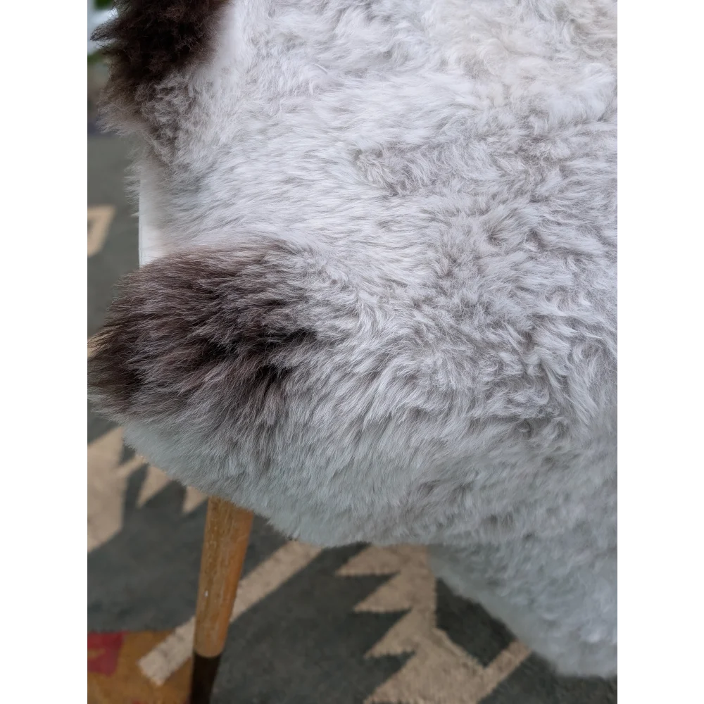 A plush gray and white long wool icelandic sheepskin with soft curly texture by angus oliver measuring 44.5 by 31 inches