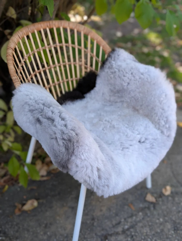 Soft light gray wool icelandic sheepskin chair cover with dark edges draped over wicker chair for cozy seating