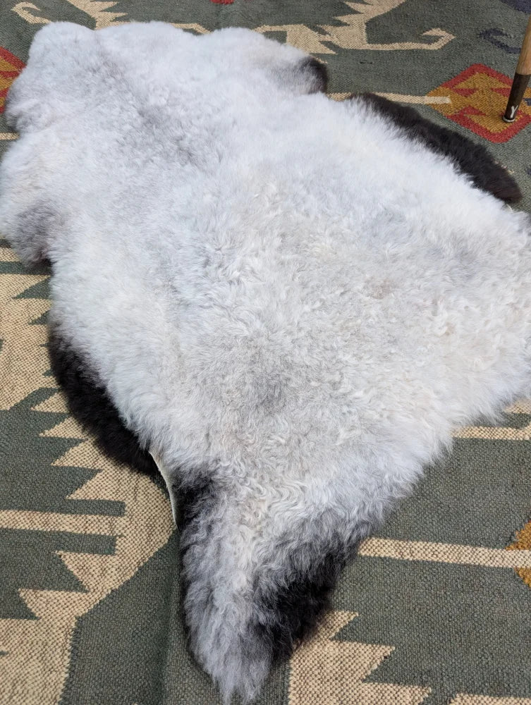 A large 44 x 30 inch soft fluffy white and black icelandic sheepskin rug with natural edges by angus oliver