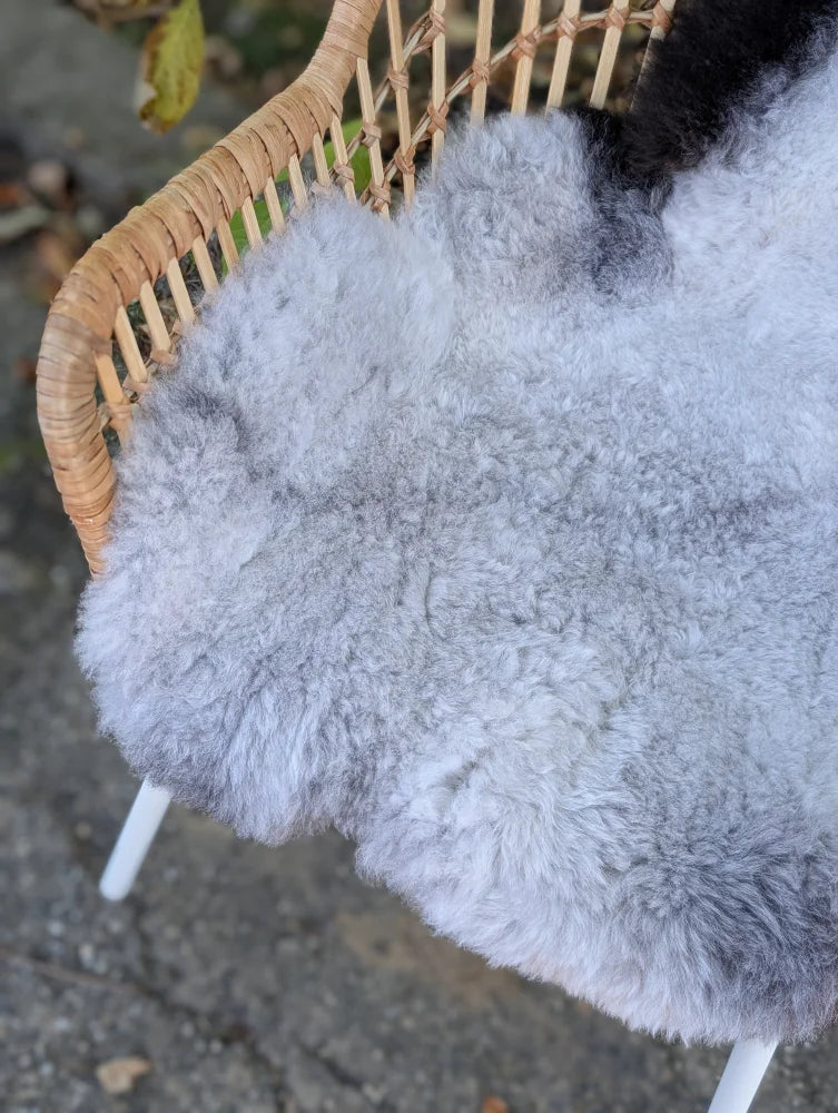 Large gray wool icelandic sheepskin chair pad with a soft natural texture and dark edges for cozy seating