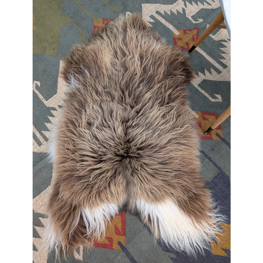 Massive icelandic sheepskin rug in warm brown and creamy white with long wool icelandic texture by angus oliver