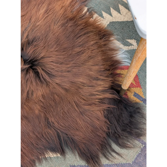 A plush long wool icelandic sheepskin rug in soft brown with natural texture and subtle shade variations 48 x 35 inches