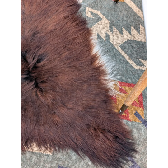 A plush rich brown wool icelandic sheepskin rug with soft dense texture and natural shade variations, 48 x 32 inches