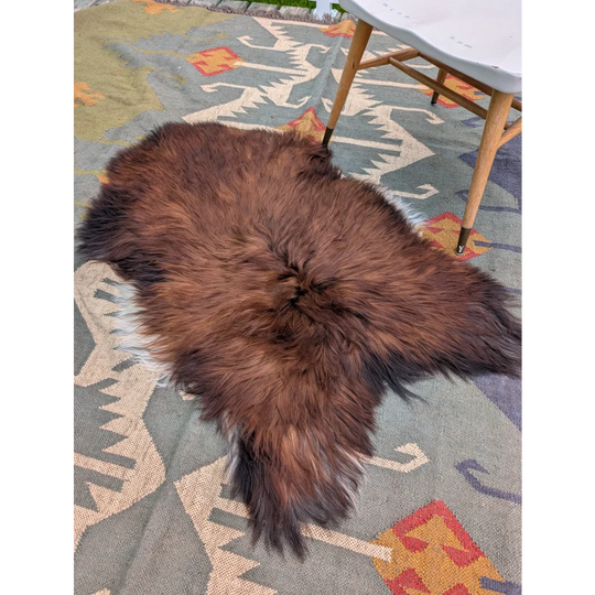 A plush brown extra large icelandic sheepskin rug with long wool icelandic texture and natural fur edges