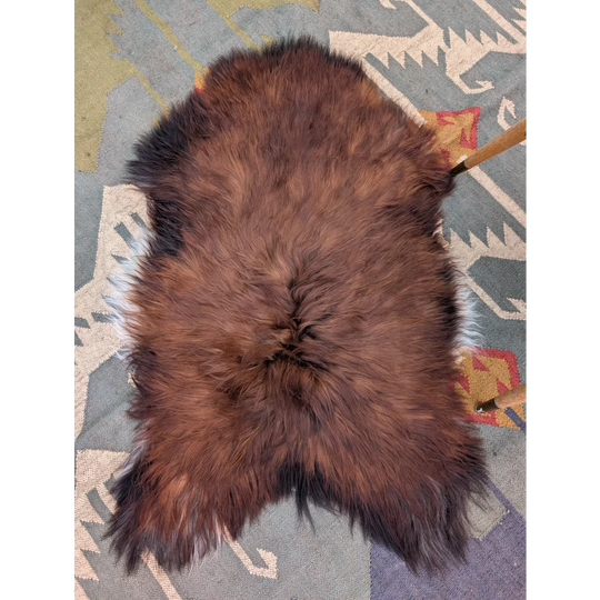 A plush brown icelandic sheepskin rug with soft long wool icelandic texture and natural shade variations