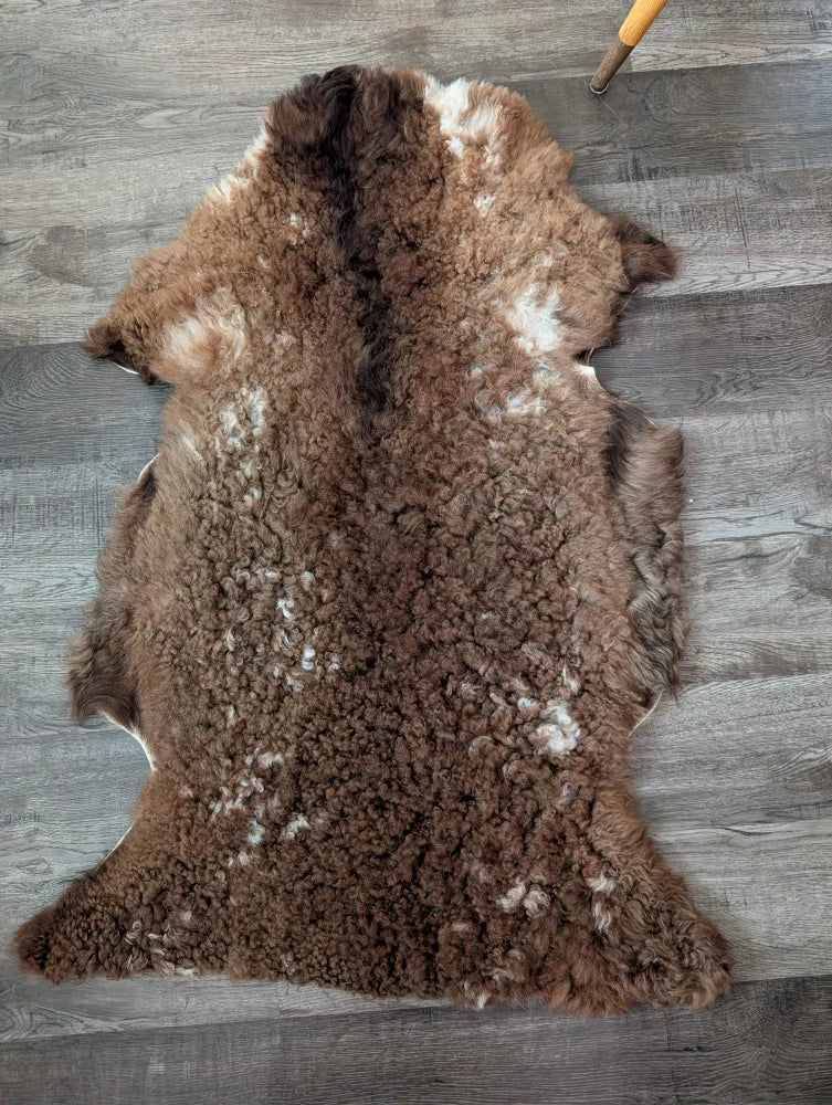 Brown and white tibet highland spotted sheepskin rug with plush curly texture perfect for cozy decor