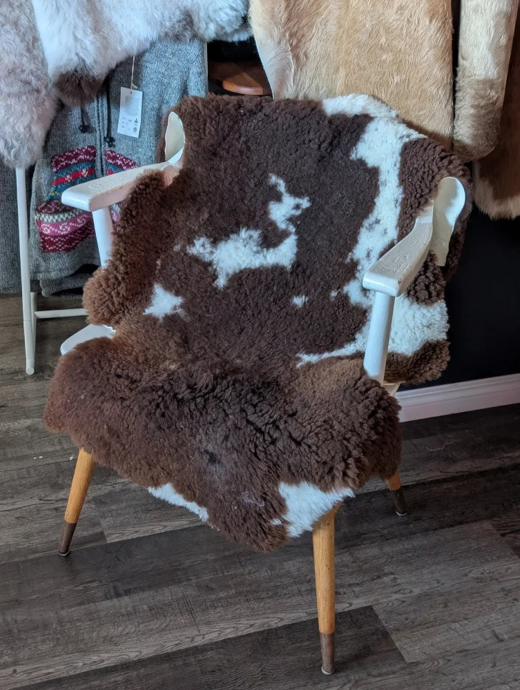 Brown and white tibet highland spotted grade a- sheepskin chair cover from nat’s grade perfect for cozy seating
