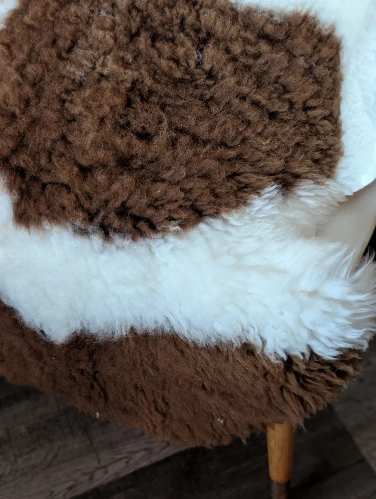 Brown and white curly tibet highland spotted sheepskin throw blanket grade a- nat’s grade for cozy decor
