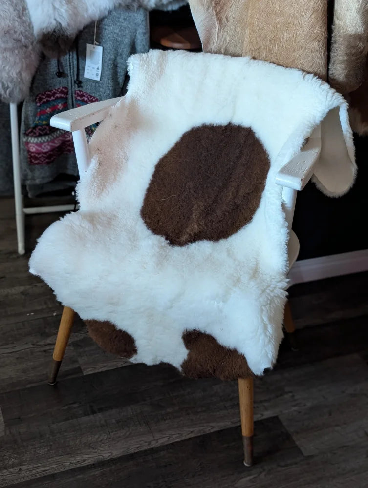 White and brown tibet highland spotted grade a- sheepskin draped over a white wooden chair for cozy style
