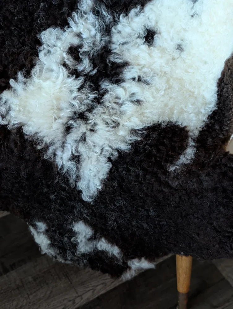 A plush curly black and white tibet highland spotted grade a- sheepskin rug with soft fluffy texture from nat’s grade