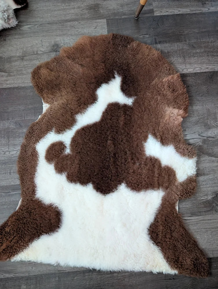 Brown and white tibet highland spotted sheepskin rug with natural fluffy texture grade a- sheepskins from nat’s grade