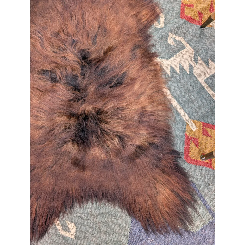 A plush brown wool icelandic sheepskin rug with long soft fibers and natural mottled texture sized 50 x 27 inches