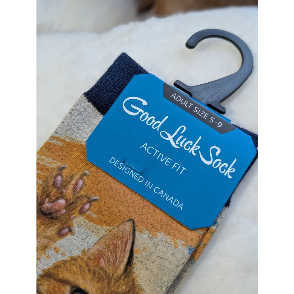 Navy Good Luck Sock with cat paw design and orange accents