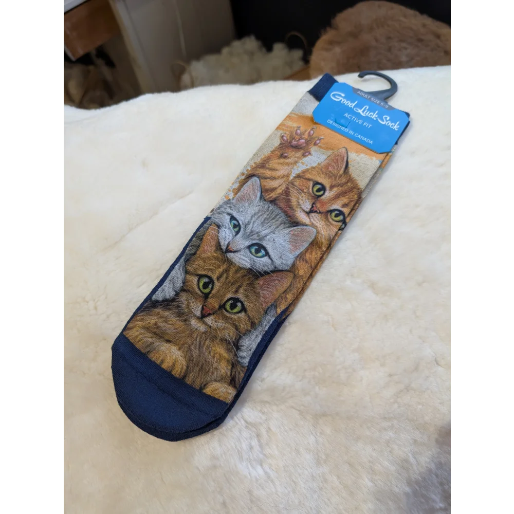 Stacked Cats Good Luck Socks with colorful felines on navy blue