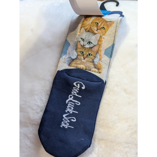 Blue cat-themed good luck socks with orange and gray cats on toes