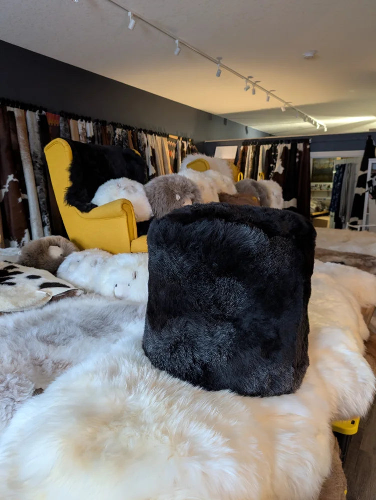Stump pouf shorn Icelandic sheepskin in wolf by Angus Oliver