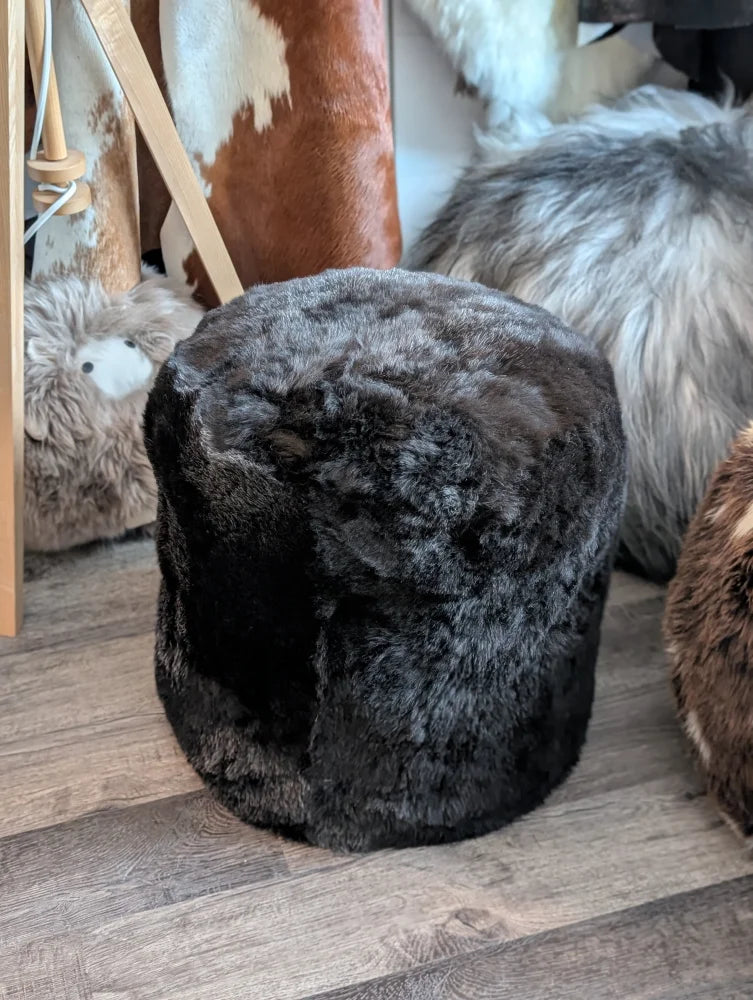 Stump pouf shorn Icelandic sheepskin in wolf by Angus Oliver