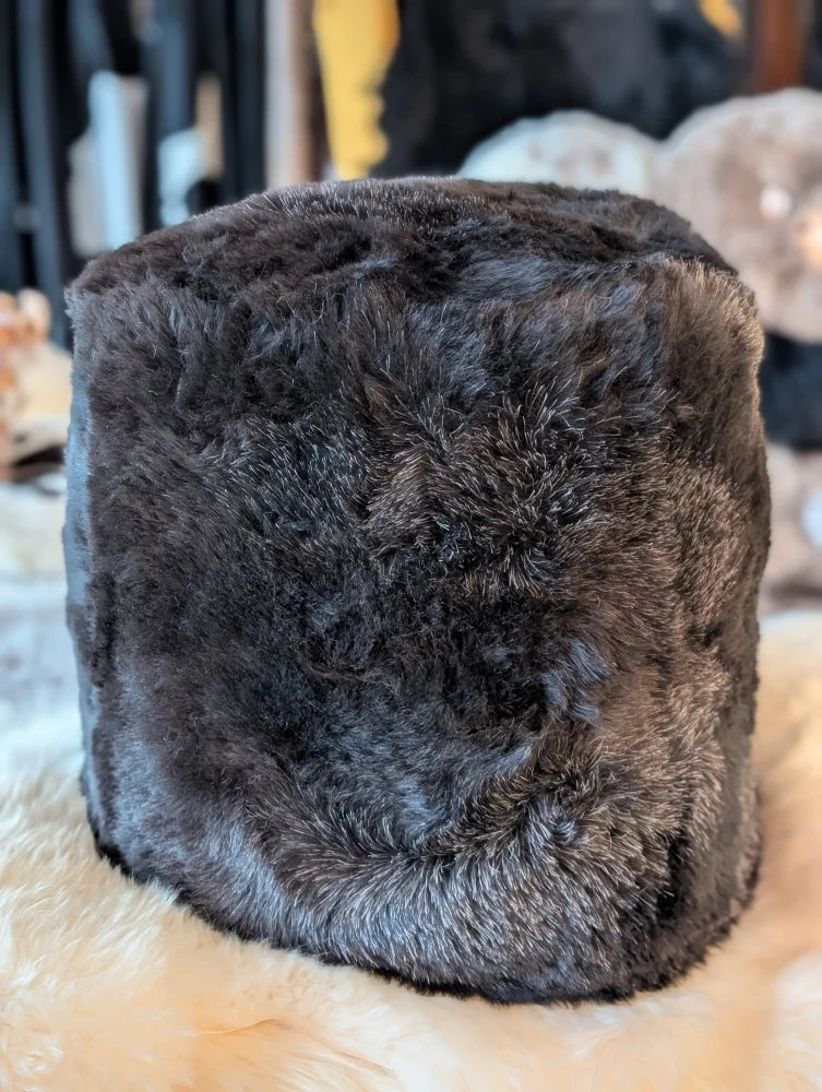 Stump pouf shorn Icelandic sheepskin wolf hat by Angus Oliver