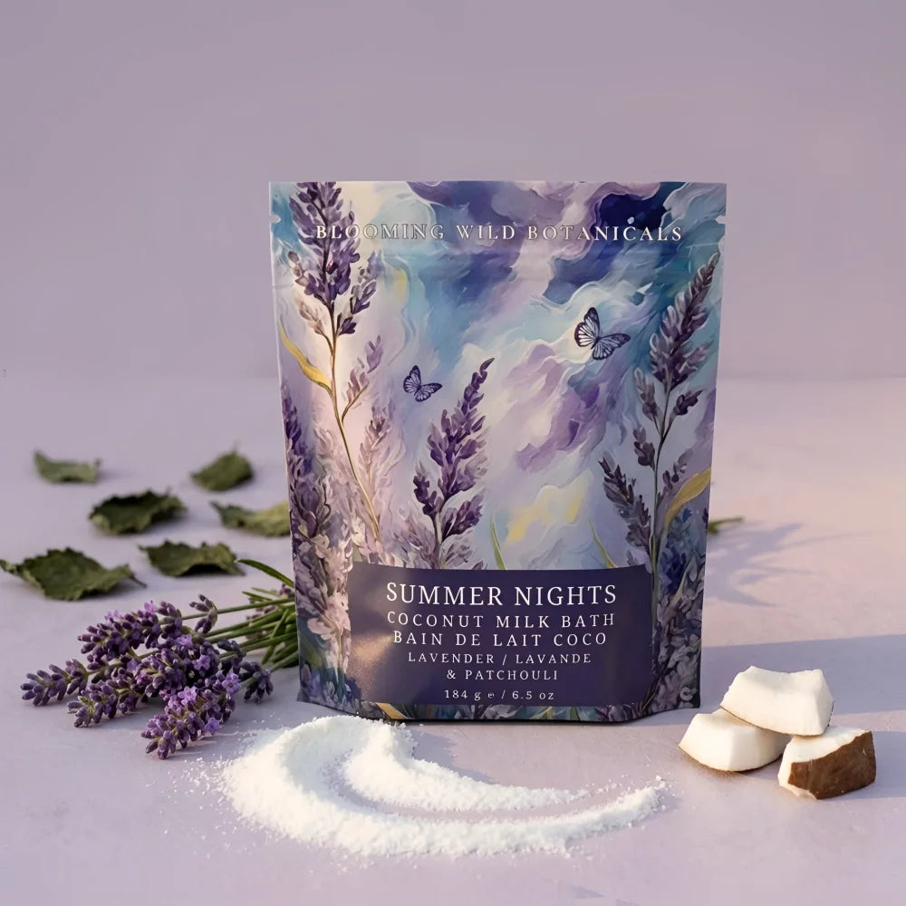 Summer nights coconut milk bath sachet with lavender scent in a pouch featuring purple flowers and butterflies design