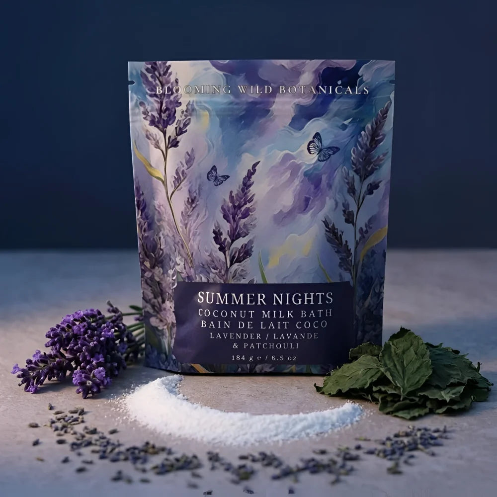 Summer Nights coconut milk bath salts pouch with lavender patchouli scent and floral artwork for relaxing baths