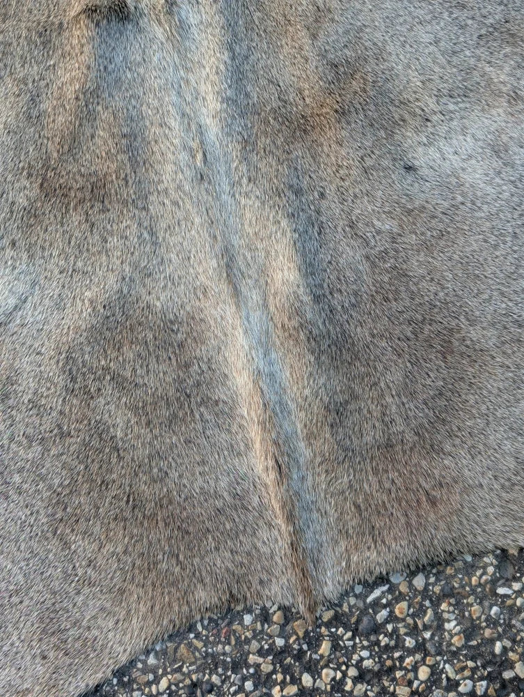 Sun1 80 x 63 large lovely cowhide rug with textured natural faux fur in grayish brown showing unique characteristics