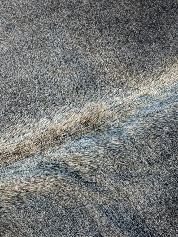 Soft textured gray faux fur with beige and blue edge on large lovely cowhide rug showing unique characteristics