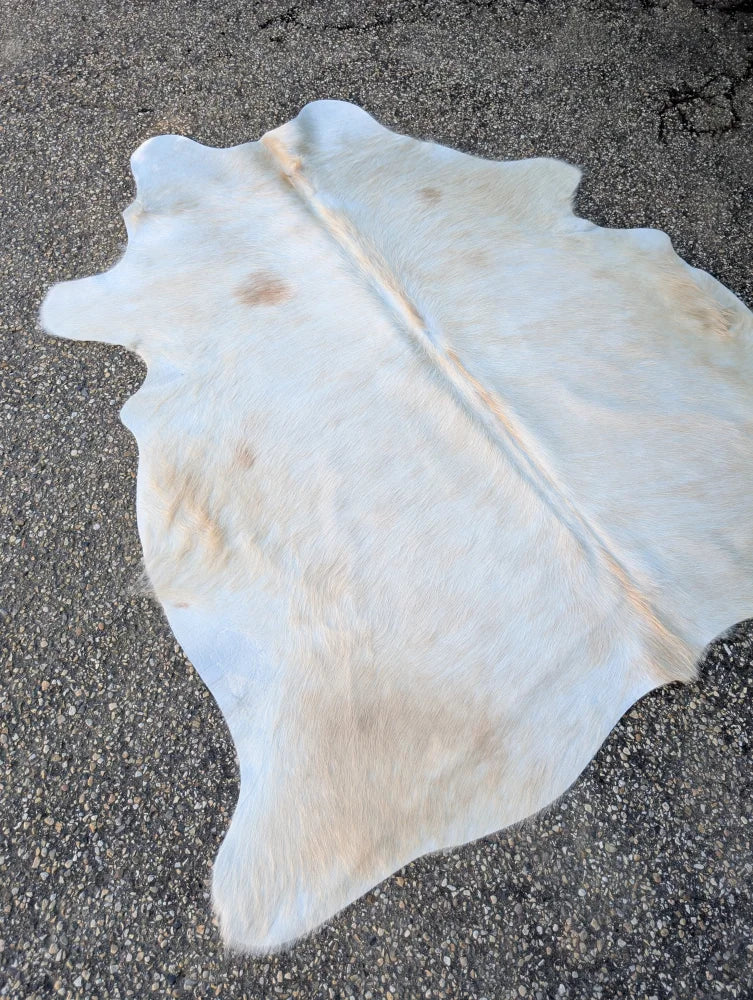Sun10 71.5 x 67 large cowhide lovely cowhide rug with natural white fur and subtle tan and brown markings