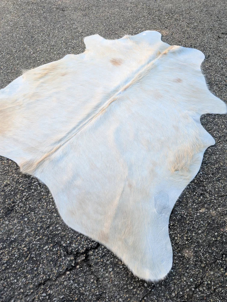 Large cowhide lovely cowhide rug with natural tan and beige markings showcasing unique characteristics
