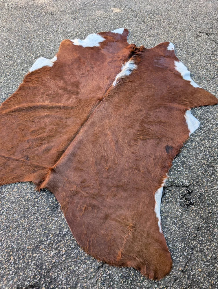 Sun11 80 x 66 large cowhide rug with natural brown and white fur texture showing unique characteristics