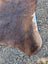Large lovely cowhide rug in brown and white with natural fur texture showing unique characteristics on gravel surface