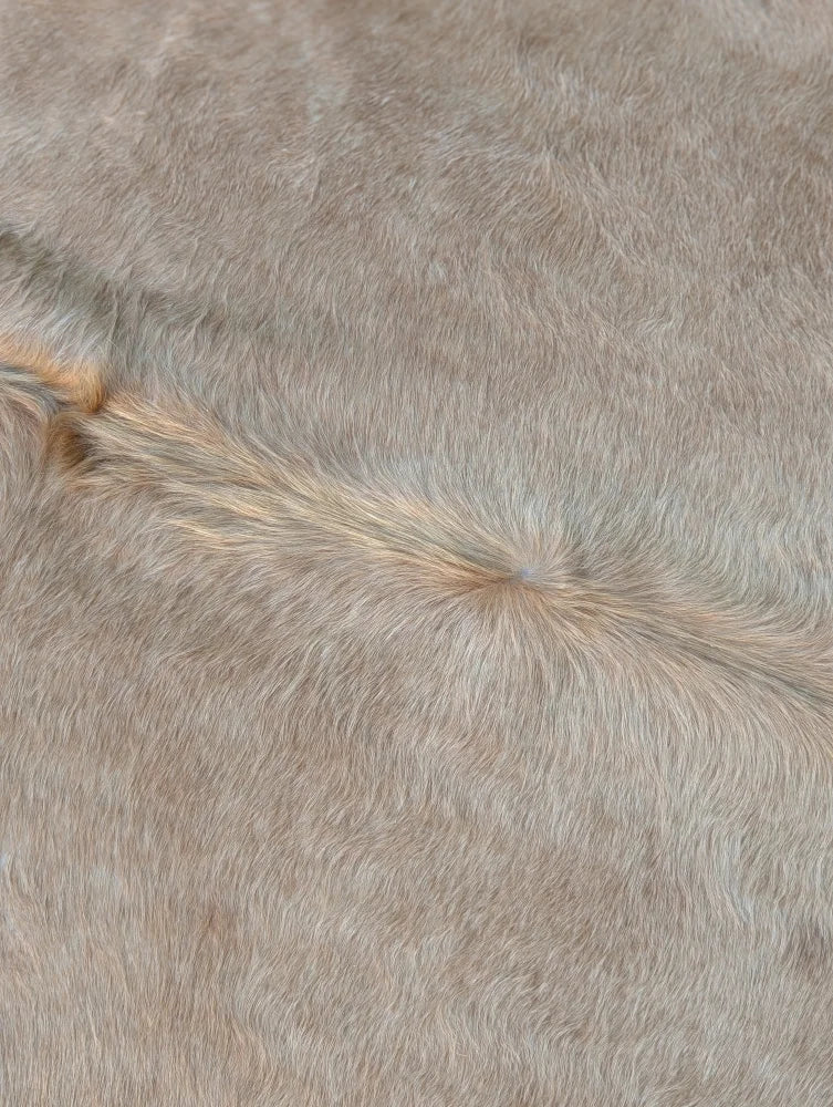A large cowhide lovely cowhide rug in soft light gray faux fur with beige and tan strands for unique characteristics