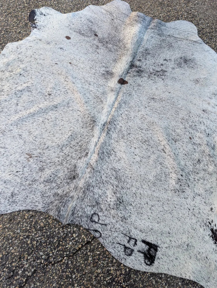 Large gray and white speckled cowhide rug with natural irregular edge showcasing unique characteristics
