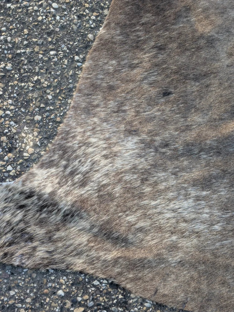 Sun2 77 x 64 large cowhide rug with brown and gray natural fur texture showcasing unique characteristics