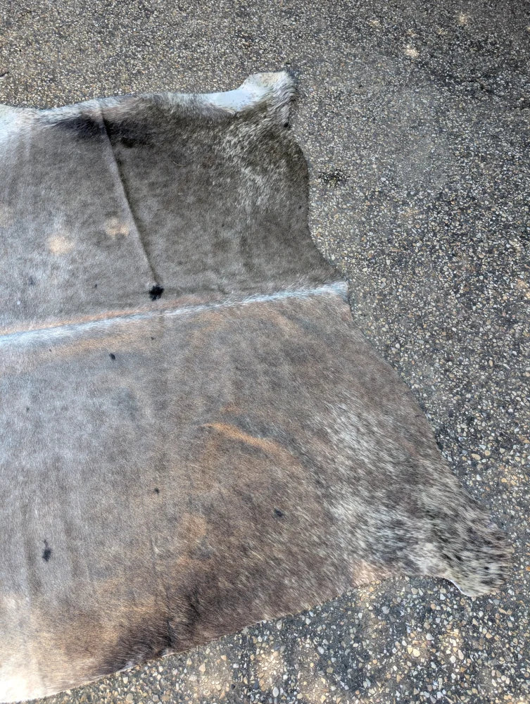 Large cowhide lovely cowhide rug with unique characteristics in mottled gray and brown natural irregular shape