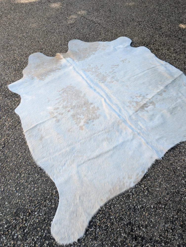 Sun3 69 x 70 large cowhide lovely cowhide rug with soft white and natural tan patches and unique characteristics