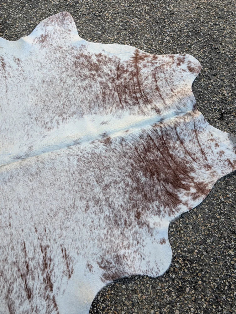 Large cowhide lovely cowhide rug 84 by 66 inches white and brown speckled with natural irregular edge and unique characteristics