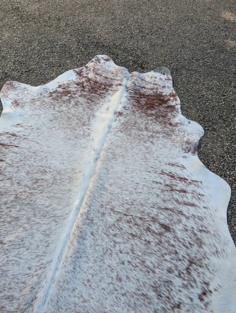 Large cowhide lovely cowhide rug in white and brown speckled pattern with unique characteristics and natural edge