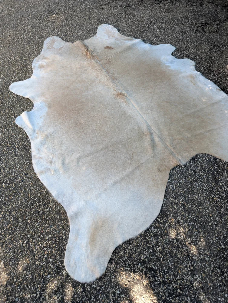 Sun7 large cowhide lovely cowhide rug in natural white with soft texture and unique brown markings along edges