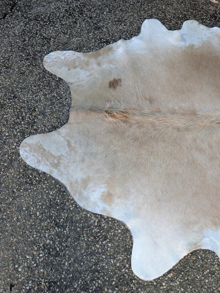 Sun7 86 x 64 large cowhide rug with natural tan and white colors and soft textured surface showcasing unique characteristics
