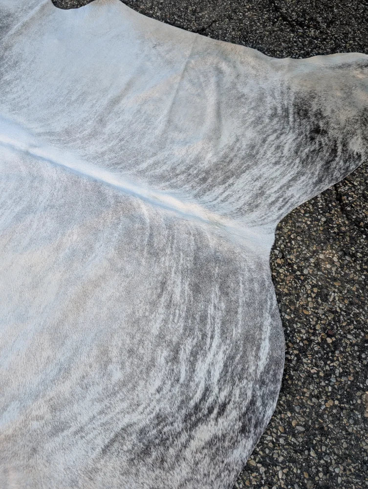 Sun8 75.5 x 66 large gray and white cowhide rug with natural textured surface and unique characteristics