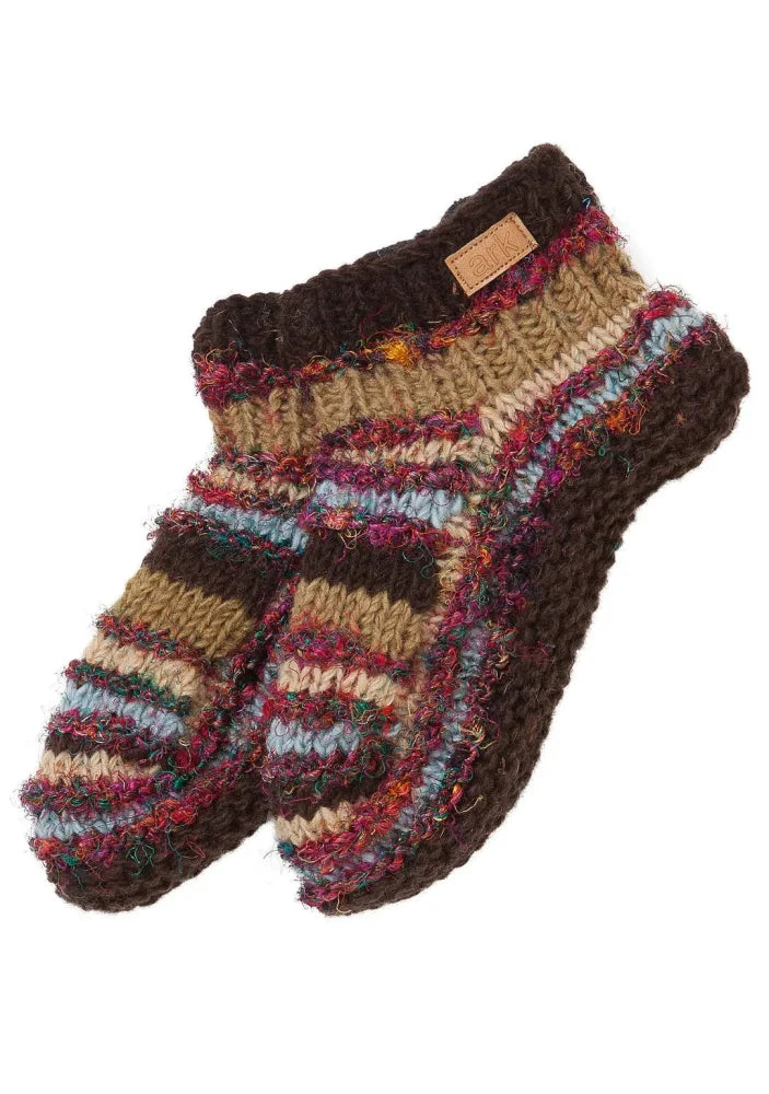 Brown swool stripe booties with textured stripes and multicolored knit wool featuring a cozy leather tag