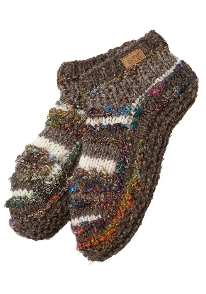 Brown swool stripe booties with textured stripes made from soft swool stripe wool and a small leather brand tag