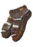 Brown swool stripe booties with textured stripes made from soft swool stripe wool and a small leather brand tag