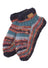 Hand knitted swool stripe booties with textured stripes in teal red and gray swool stripe wool yarn