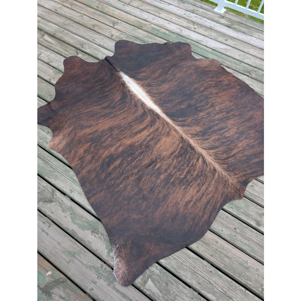 T1 66.5 x 63 large cowhide rug with brown and black pattern and unique white central stripe