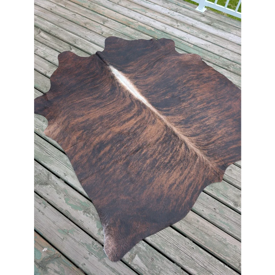 T1 66.5 x 63 large cowhide rug with brown and black pattern and unique white central stripe