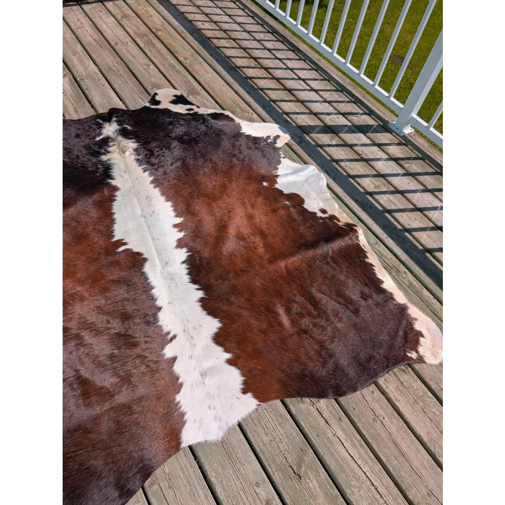 Large brown and white angus oliver cowhide rug with natural fur texture laid on a wooden deck perfect for indoor use