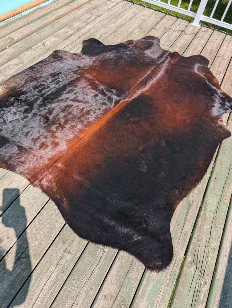 Large cowhide rug angus oliver with a deep black to rich brown and subtle orange gradient perfect for any room