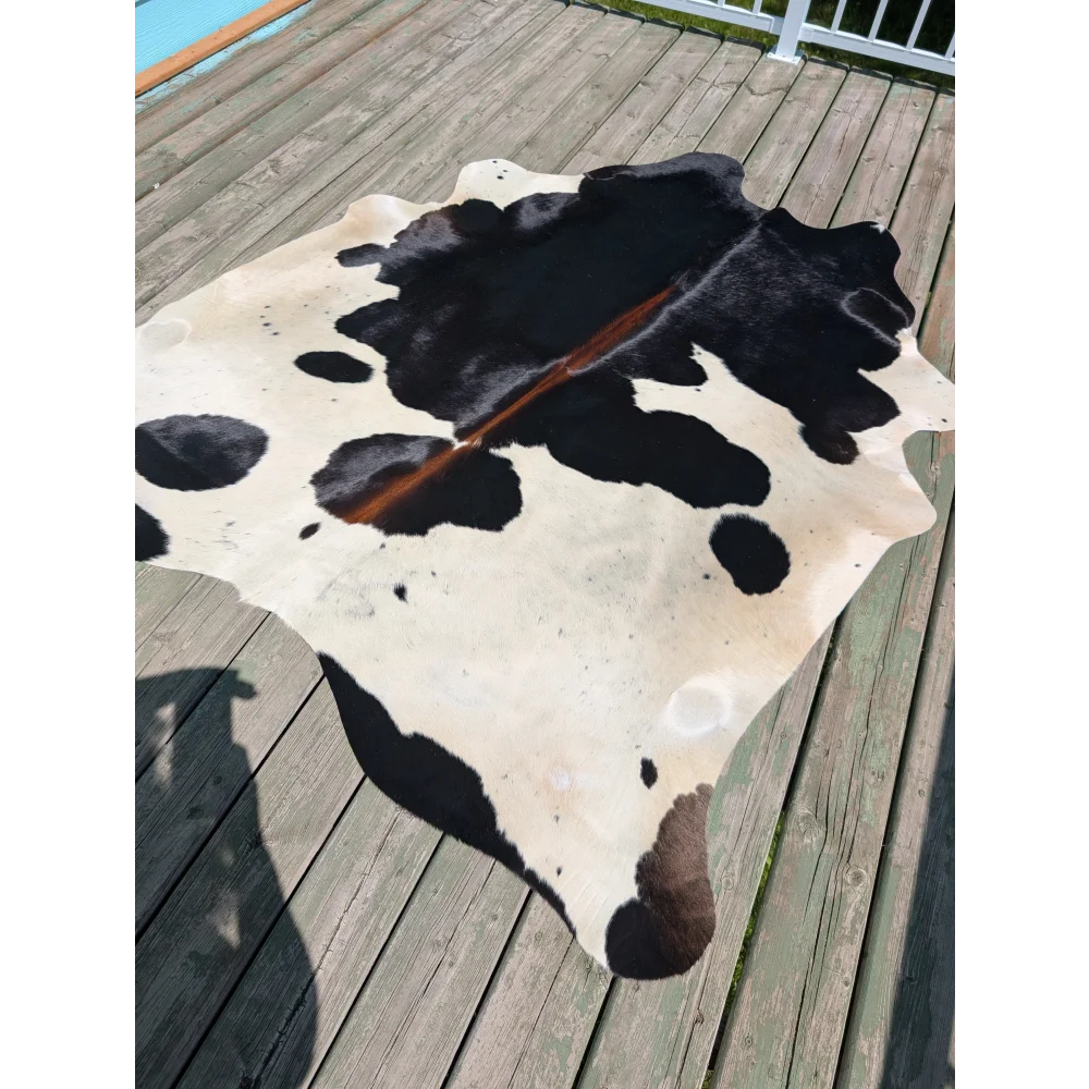 Large cowhide rug t17 77 x 66 with black and white angus oliver patchwork pattern and natural fur texture