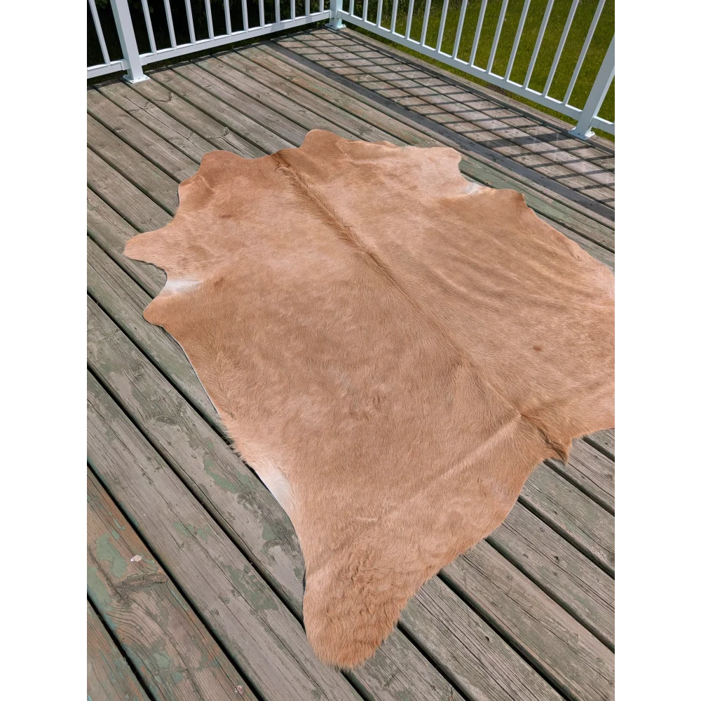 Tan large cowhide rug with natural fur texture and irregular edges laid flat on wooden deck angus oliver T 19